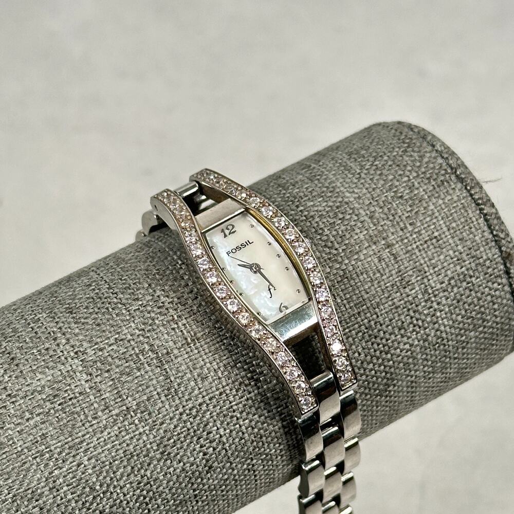 Fossil Watch Womens 18mm Pave Bezel MOP Dial F2 Silver Tone 6" New Battery